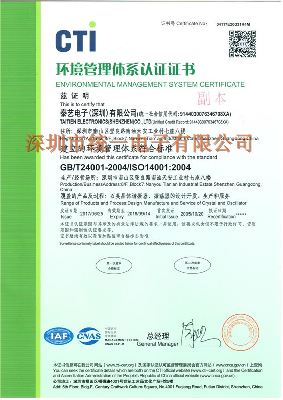 泰艺深圳分公司2004年国际环保认证